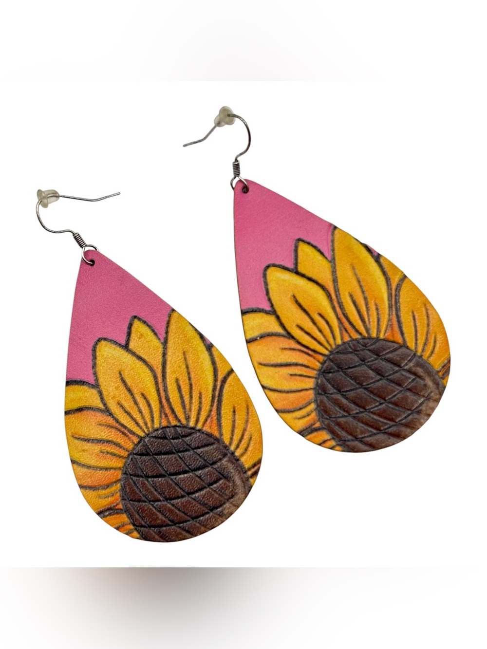 Sunflower Teardrop Boho Leather Earrings Hand Tooled Pink Brown Yellow